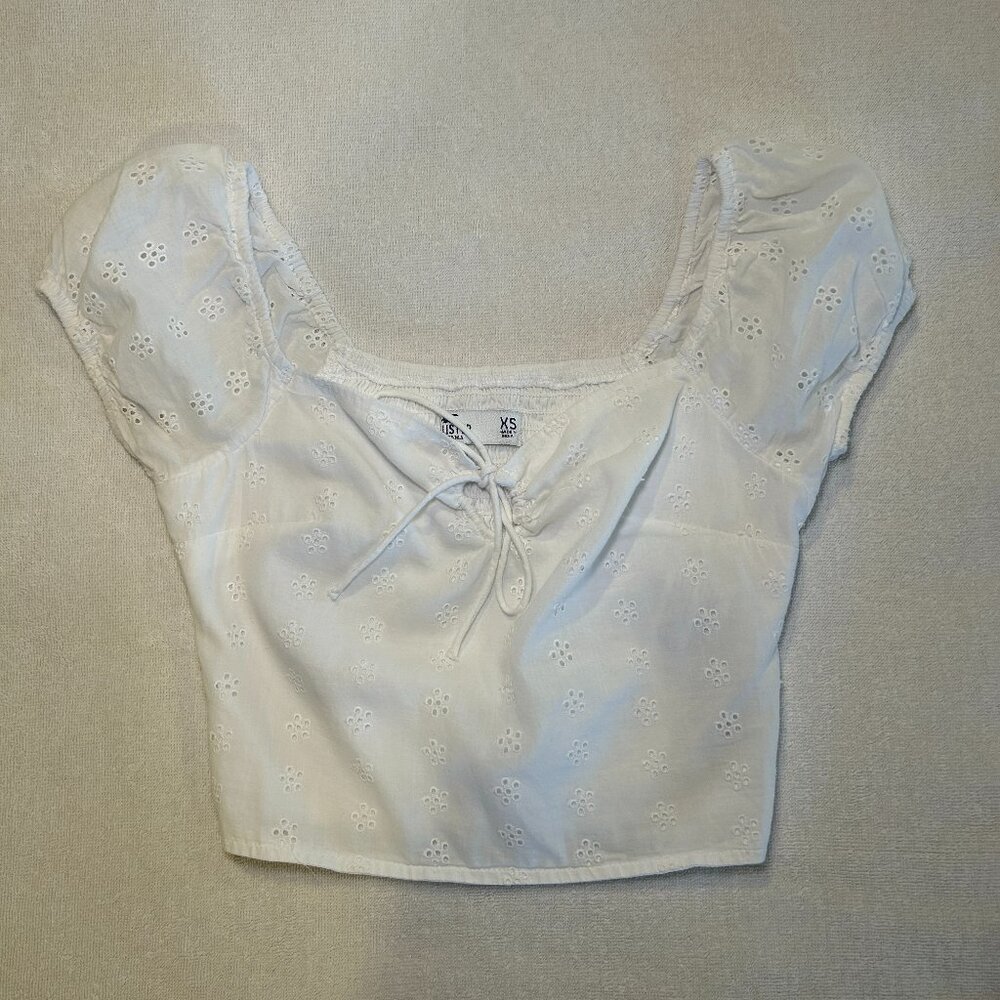 Hollister Pointelle Puff Sleeve Cropped White Tank Top